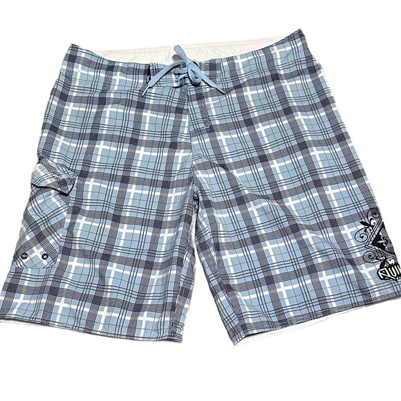 QUICKSILVER ~ Men's Blue and White Plaid Board Shorts w/Drawstring Tie size L - Picture 1 of 6